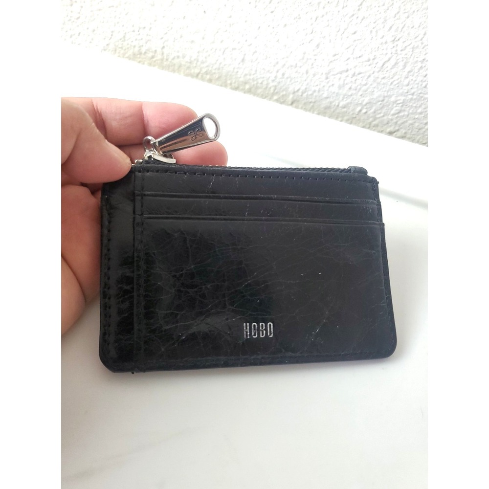 Hobo Black Leather Card Case Keychain ID Window Zipper Pouch Wallet